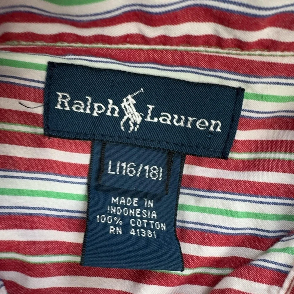 VTG Ralph Lauren Shirt Boys L (16/18) Red Striped Long Sleeve Button Down Logo